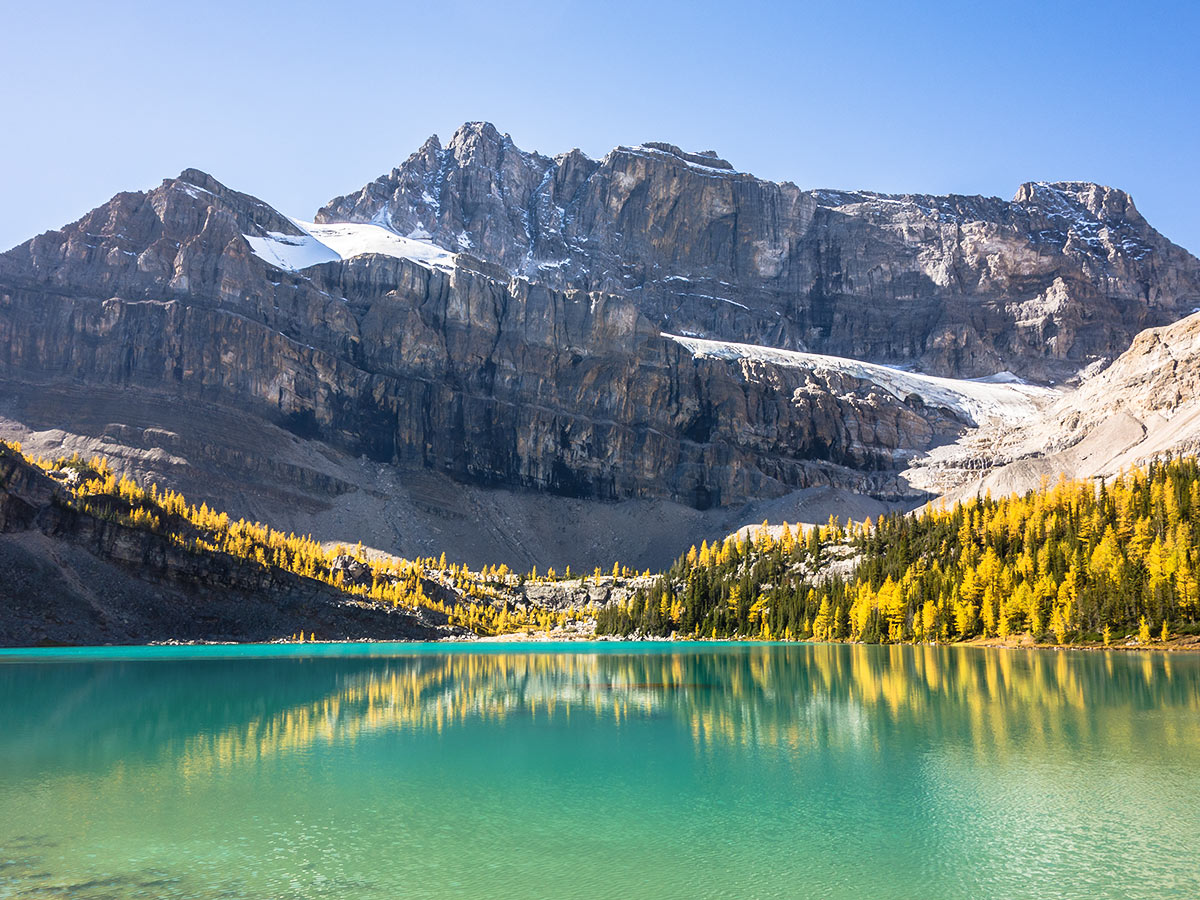 View of Myosotis lake and Ptarmigan Peak on the Skoki Lakes Hike from Lake Louise in Banff National Park