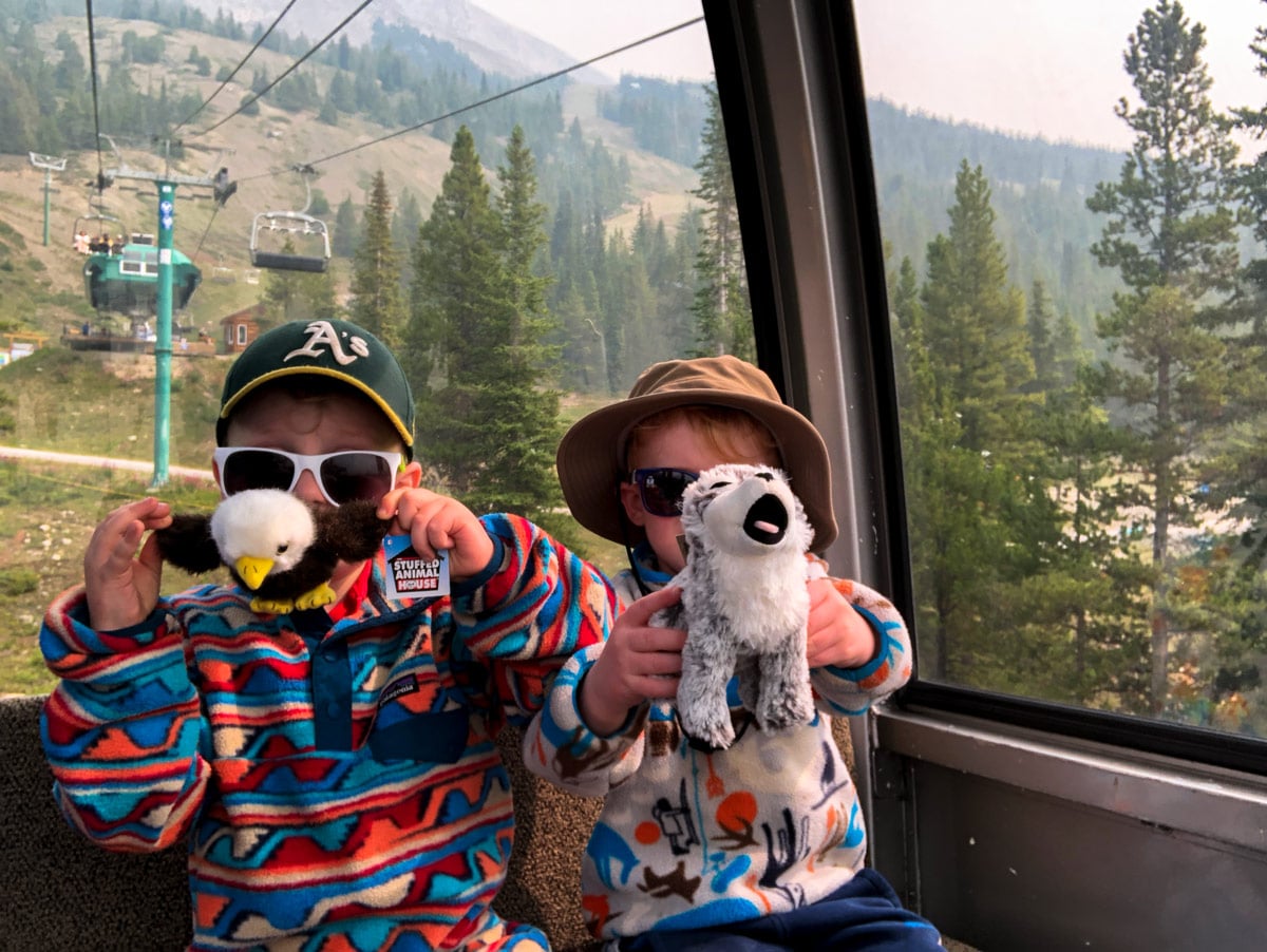 Fun with teddies on the gondola on the Lake Louise Ski Hill Hike from Lake Louise in Banff National Park