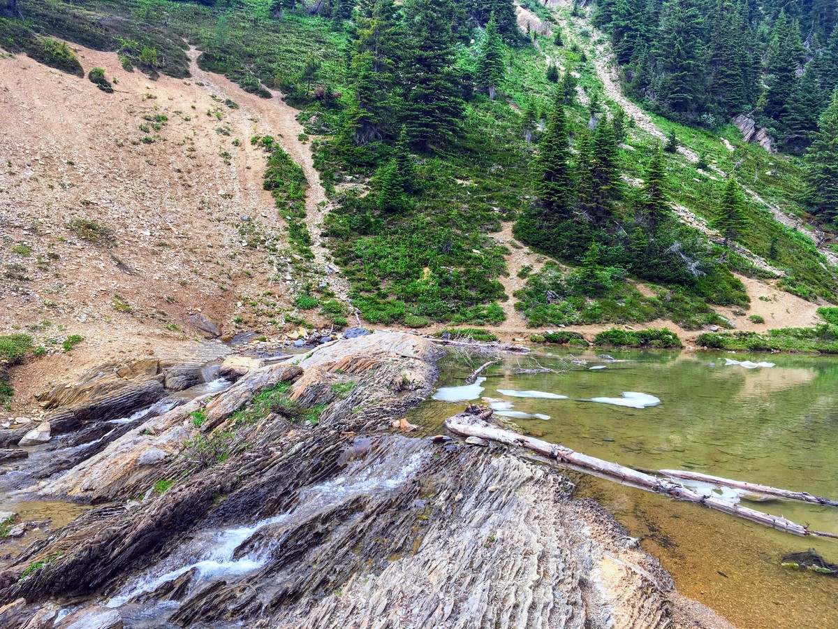 Rock layers blocking the lake outflow on the Hamilton Lake Hike in Yoho National Park, British Columbia