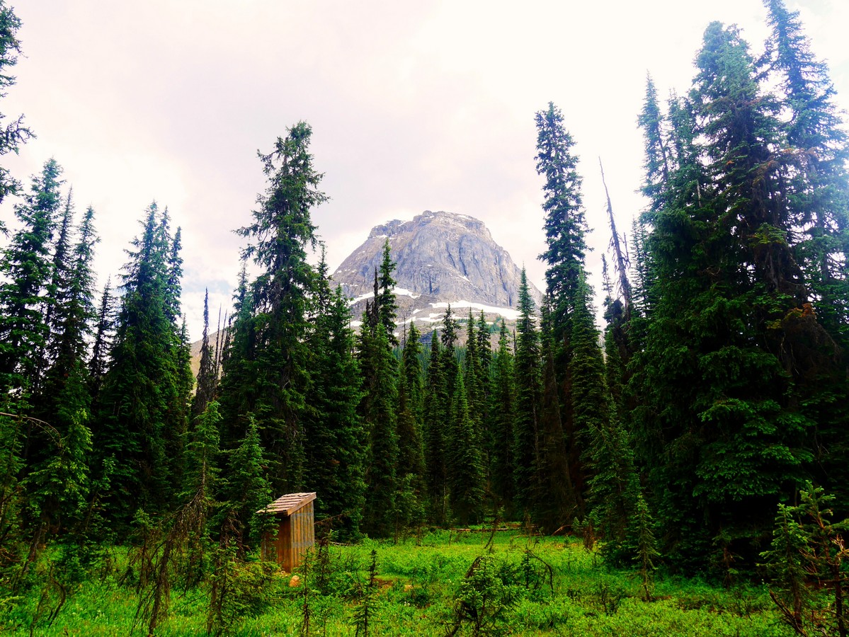 Outhouse with a view of Mt Wapta on the Yoho Lake Hike in Yoho National Park, British Columbia