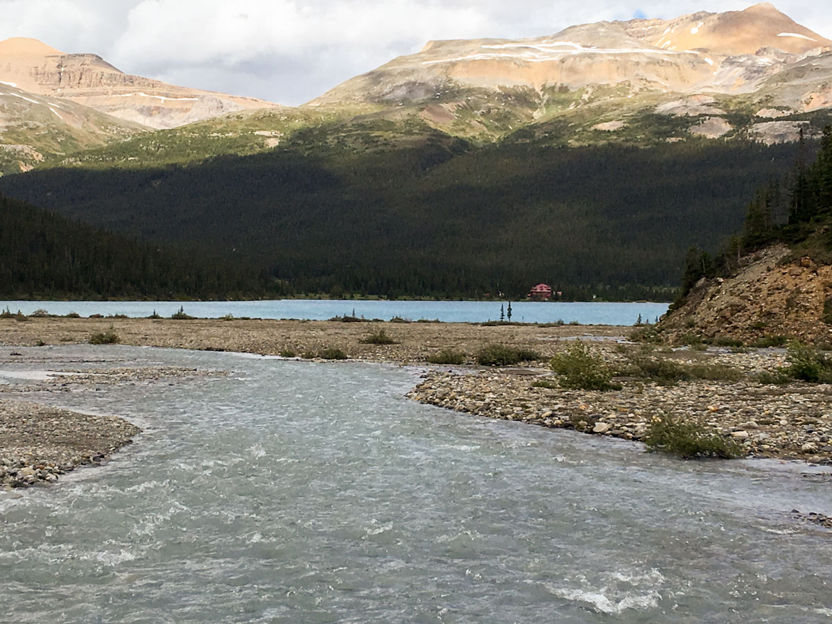 Looking back on Num-Ti-Jah Lodge on Bow Lake walk from Icefields Parkway, Alberta, Canada