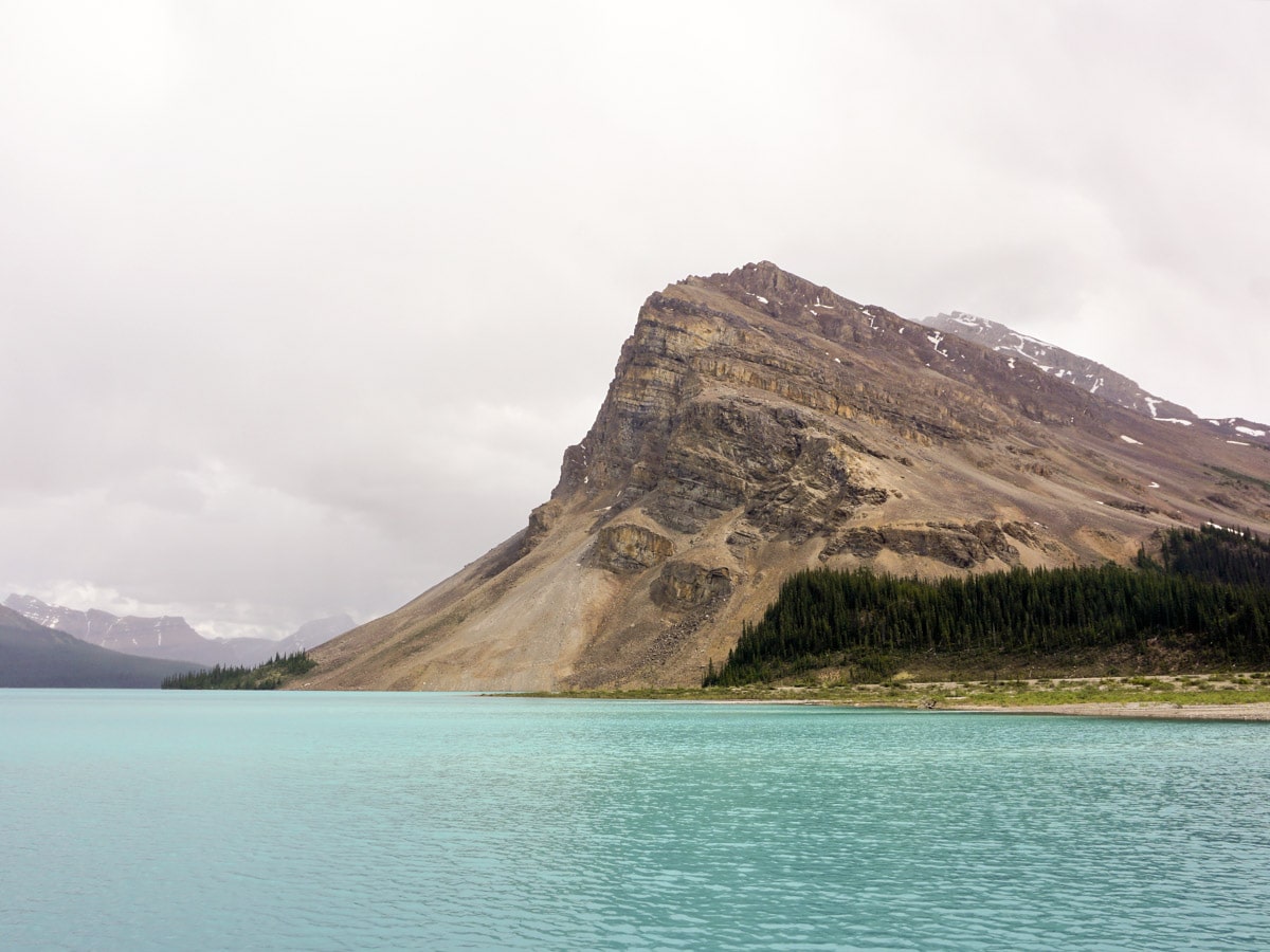 Blue water on Bow Lake walk from Icefields Parkway, Alberta, Canada