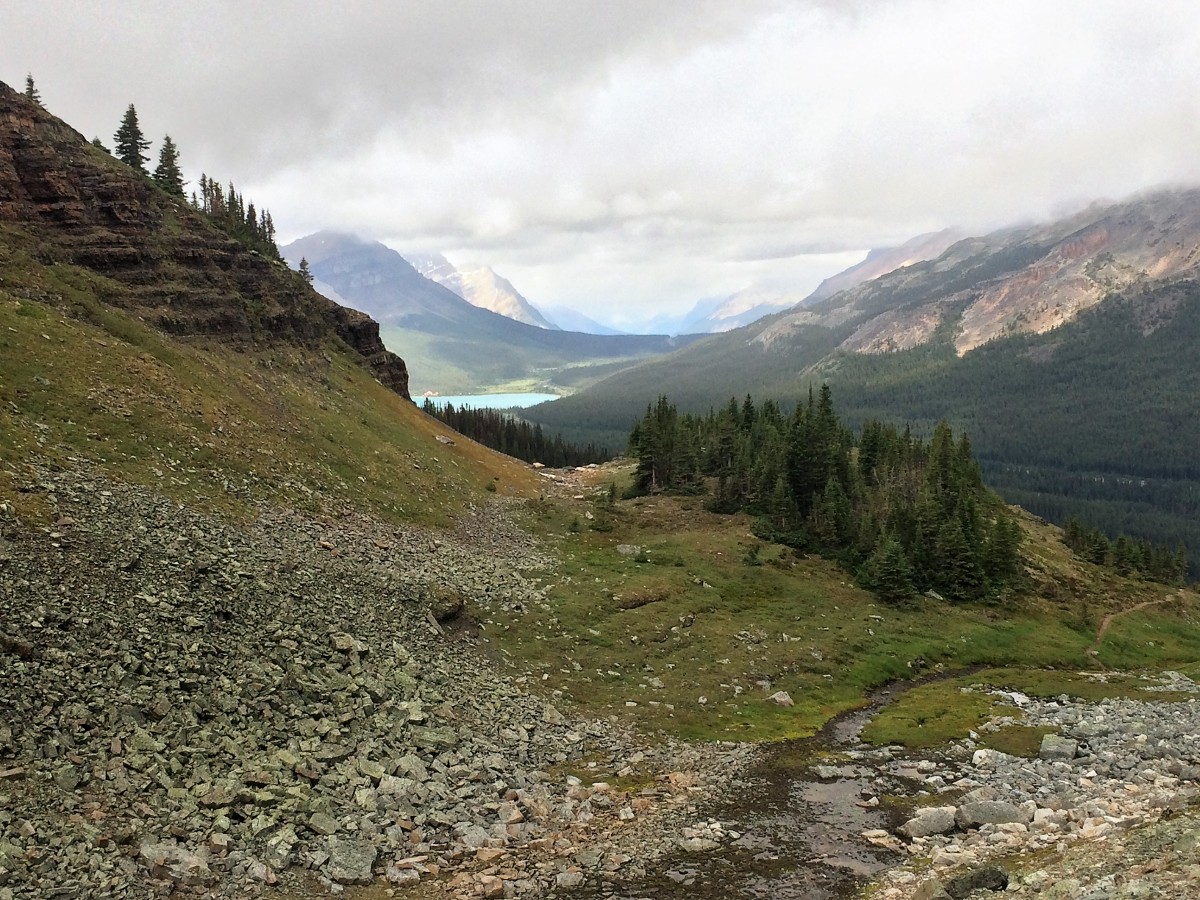 Looking back on Bow Lake on the Crowfoot Pass and Balfour Viewpoint Hike from the Icefields Parkway near Banff National Park