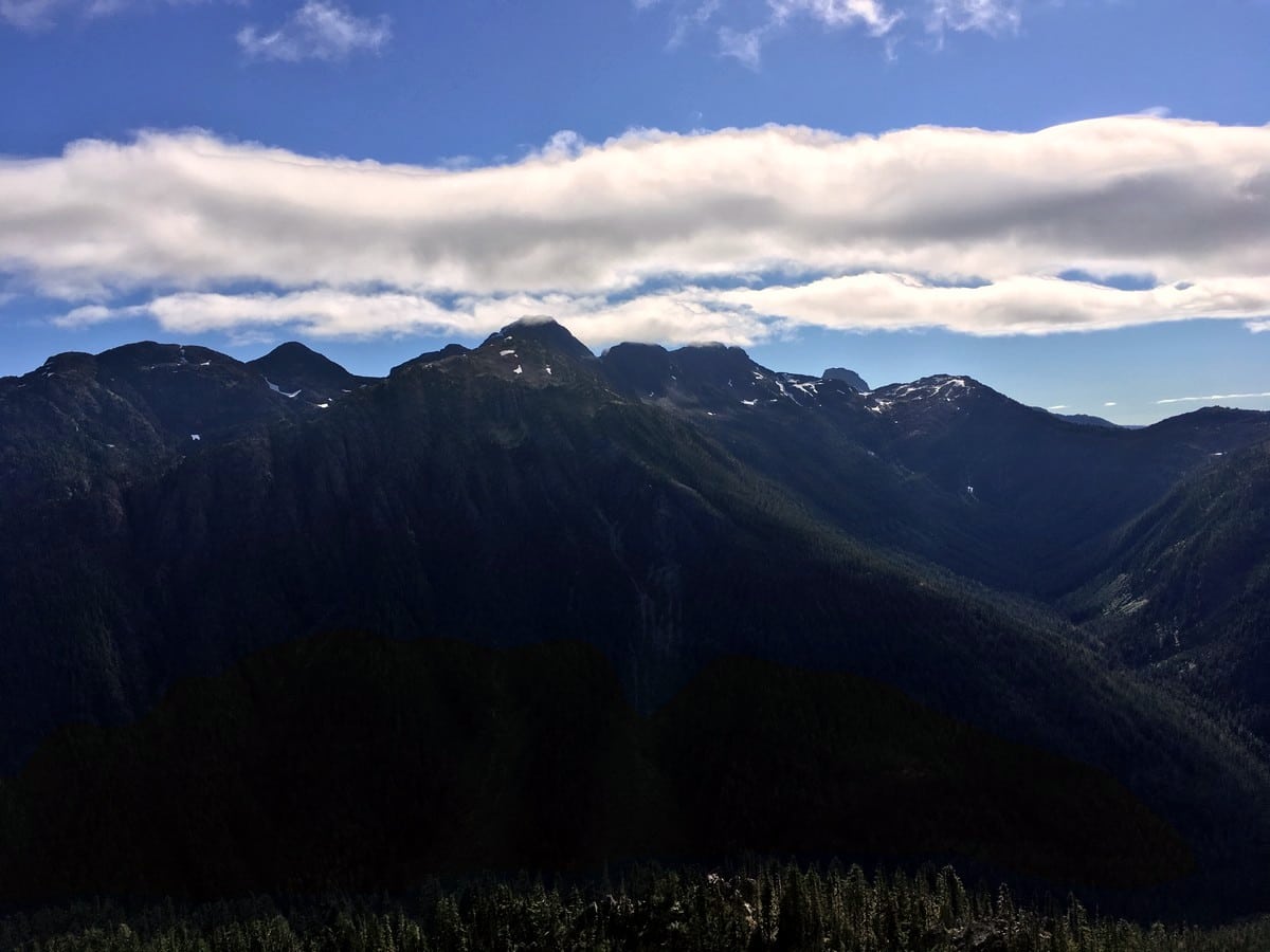 Looking southeast towards the mountains surrounding the Comox glacier from the Flower Ridge Hike in Strathcona Provincial Park, Canada