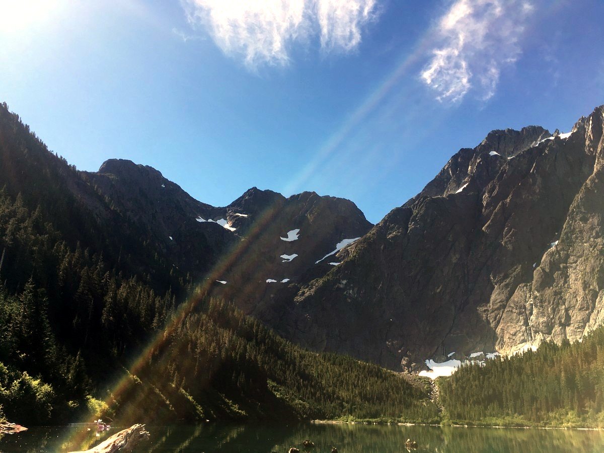 View up to the northeast cirque on the Elk River Trail Hike in Strathcona Provincial Park, Canada