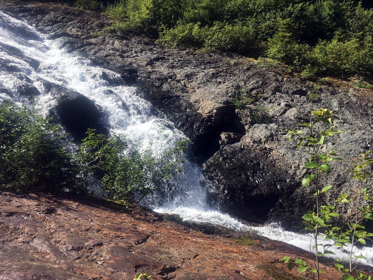 The cascading water coming down from Landslide Lake on the Elk River Trail Hike in Strathcona Provincial Park, Canada