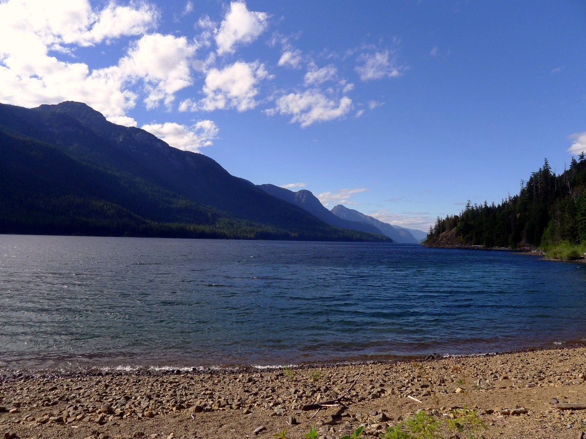 Looking north along Buttle lake from the Augerpoint Beach Hike in Strathcona Provincial Park, Canada