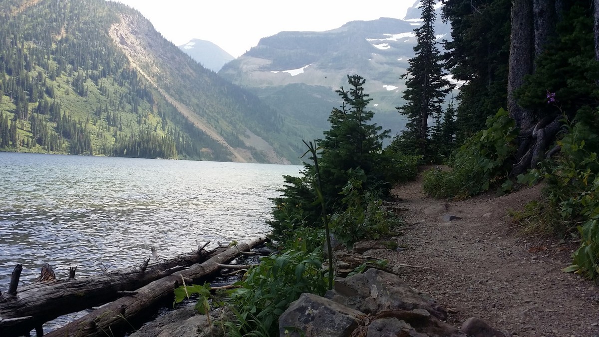 Trail and lake on the Cameron Lakeshore Hike in Waterton Lakes National Park, Alberta