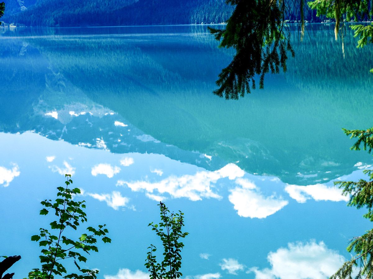 Reflections on the lake on Cheakamus Lake Hike in Whistler