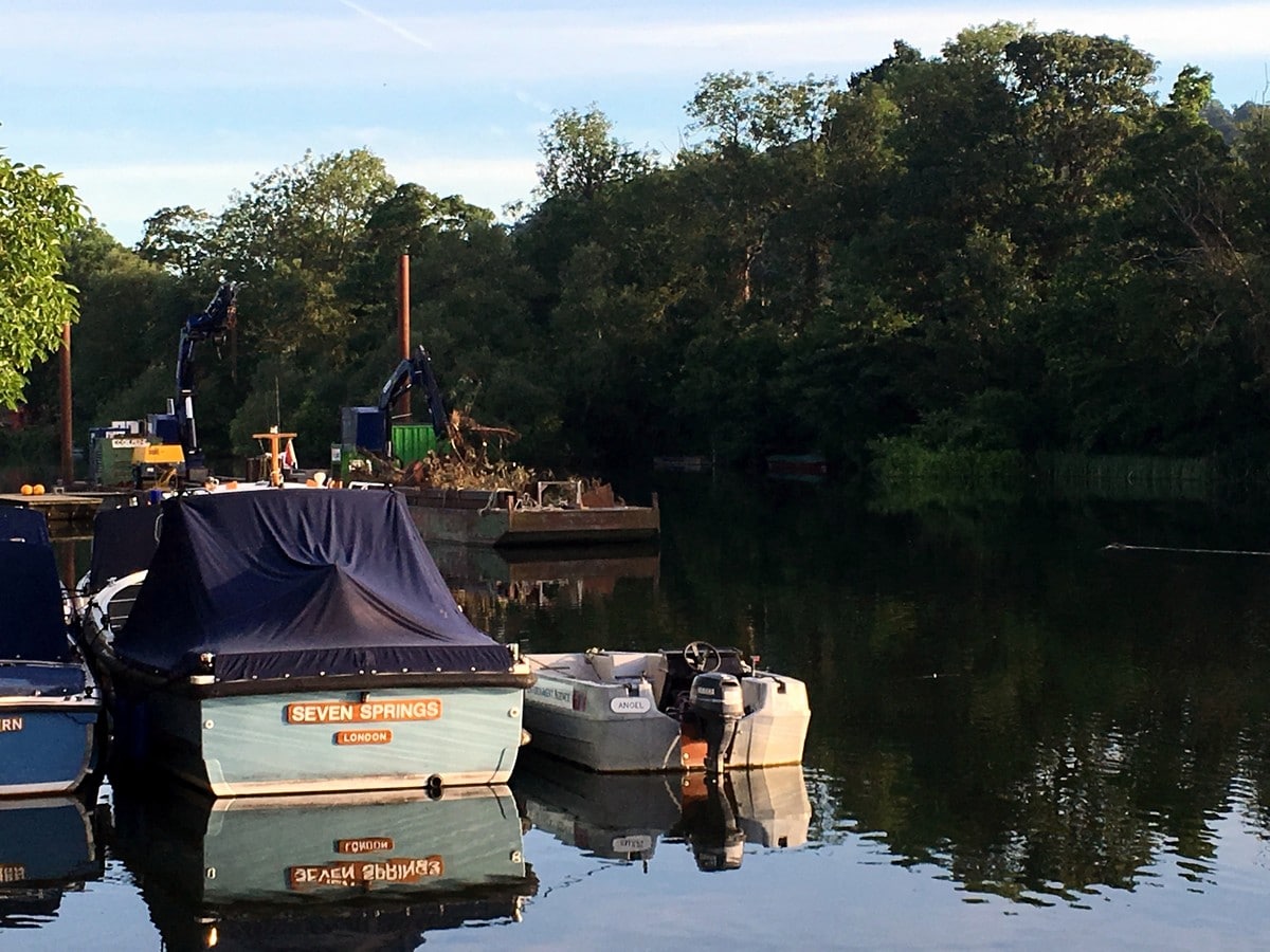 Boats near lock along the Hambledon Lock Hike in Chiltern Hills, England