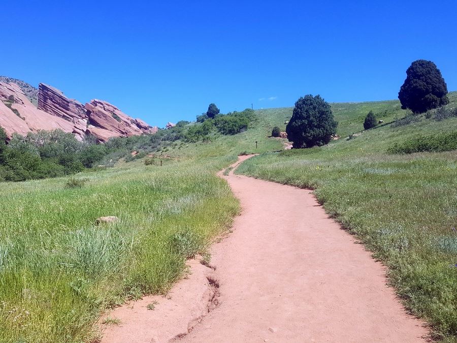 Looking back on Red Rocks Trading Post from the Red Rocks Park Hike near Denver, Colorado