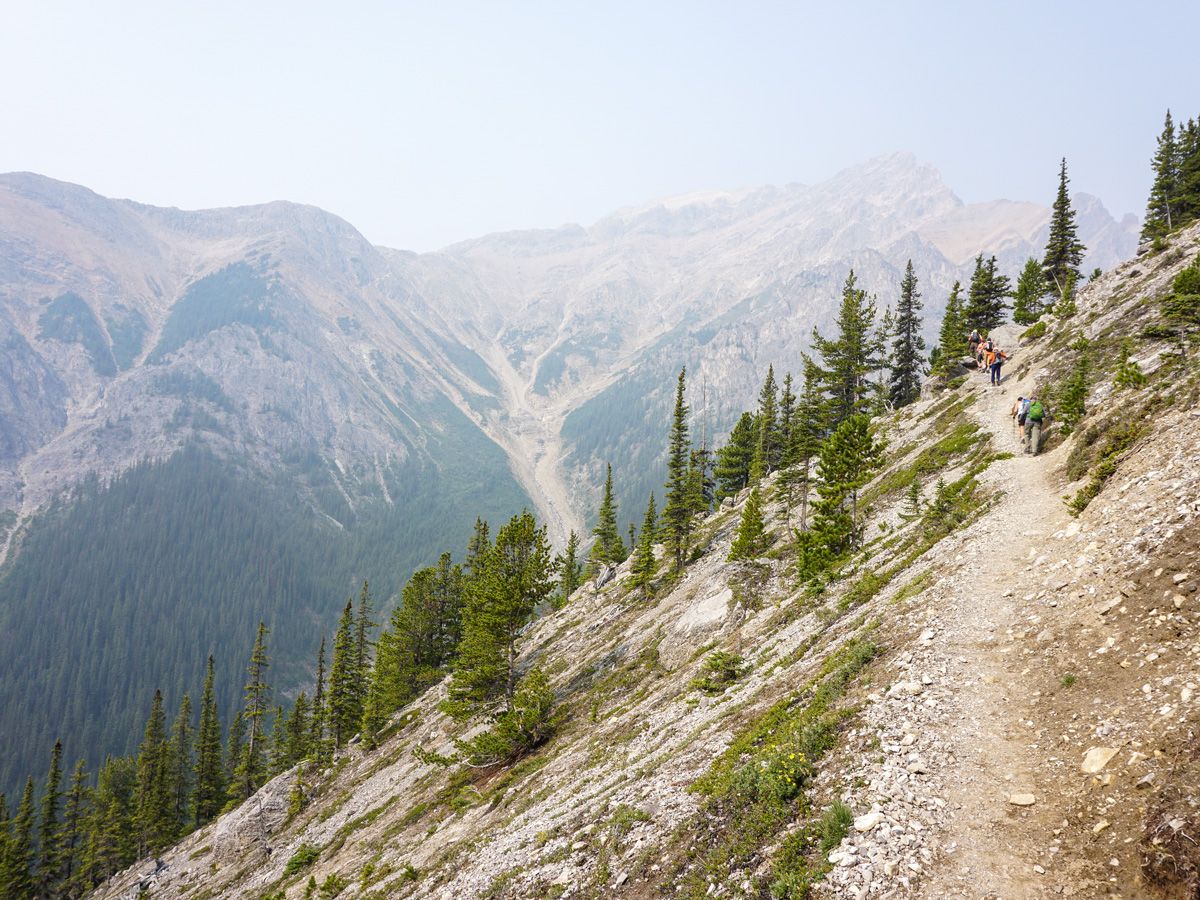 Hikers on a trail of the Edith and Cory Pass Circuit Hike in Banff, Alberta