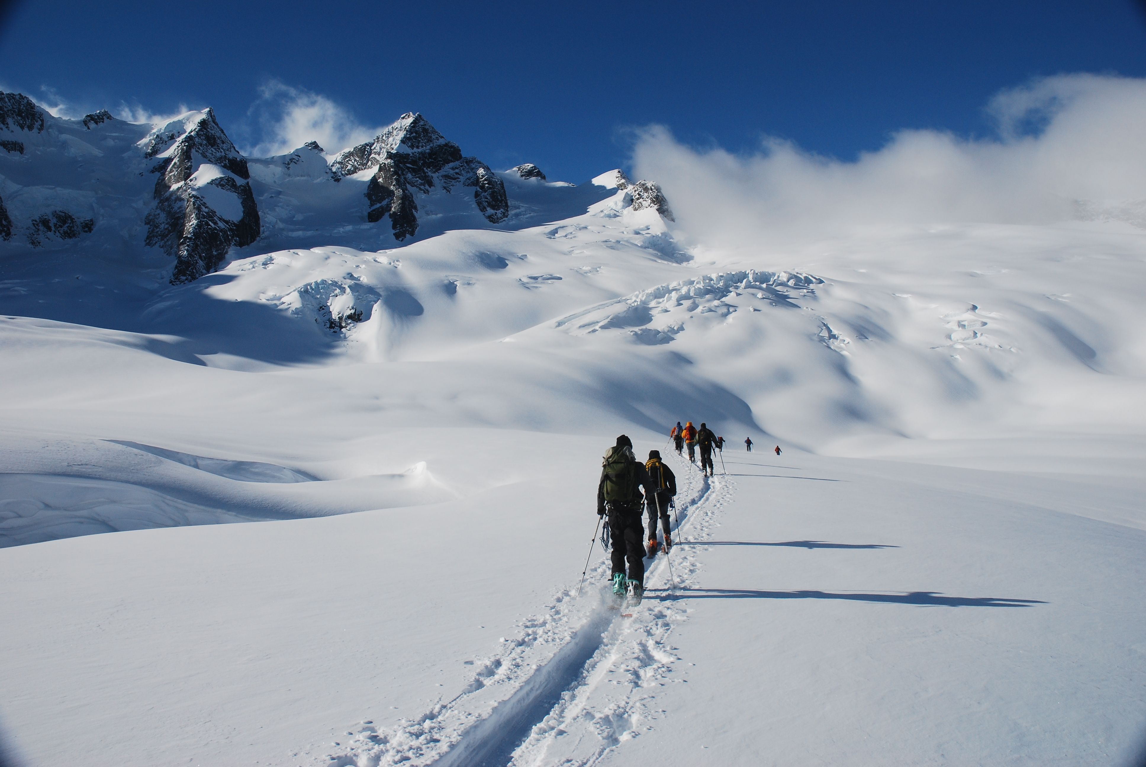 Backcountry ski touring high above Fairy Meadows ACC Hut