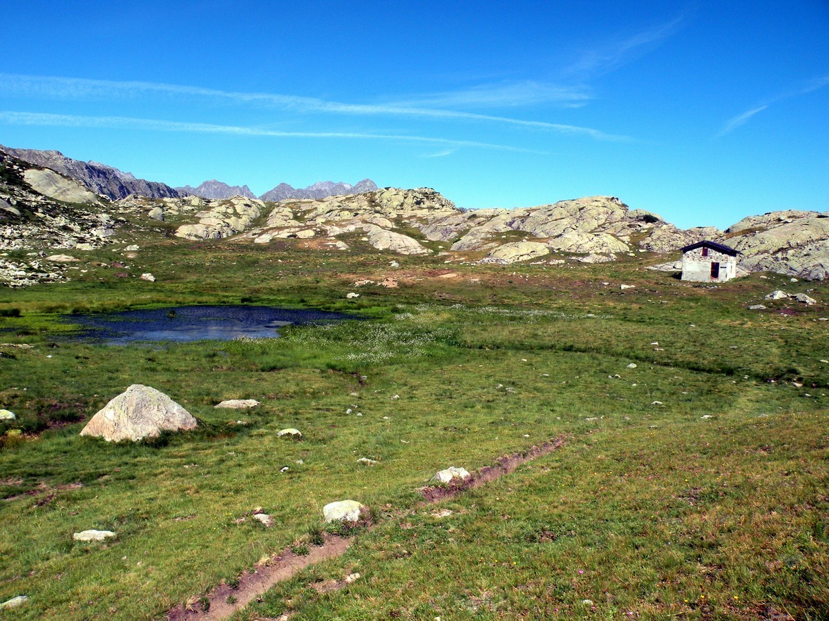 The hut and the torbiere on the Lago del Vei del Bouc Hike in Alpi Marittime National Park, Italy