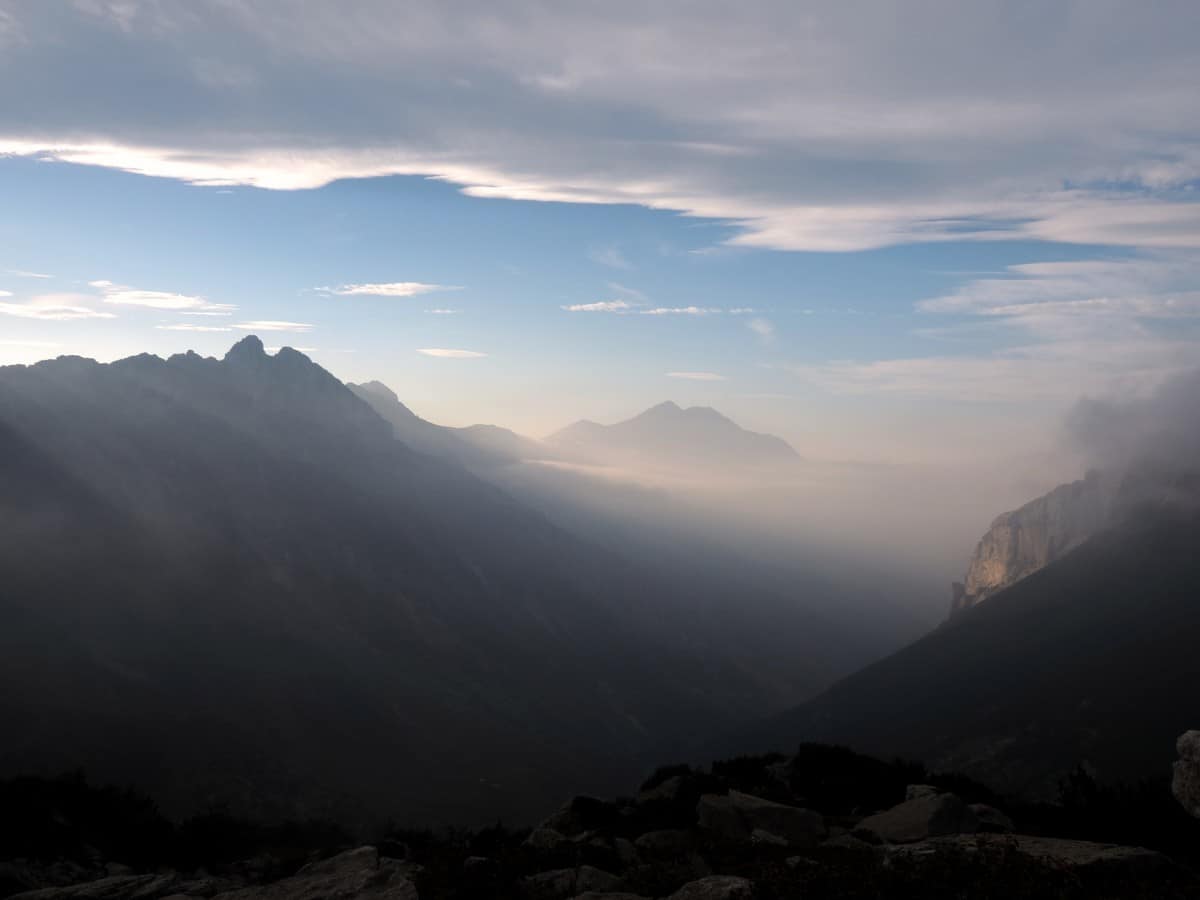 The sunset on the valley on the Laghi Arbergh Hike in Alpi Marittime National Park, Italy