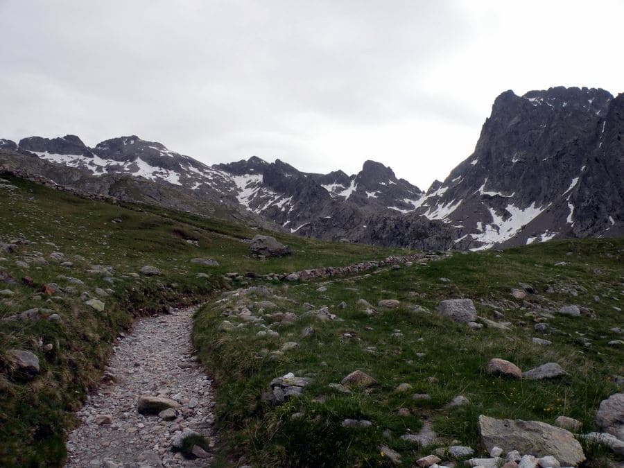 The path with Mont Gelas on the bottom on the Col de Fenêtre Hike in Mercantour National Park, France