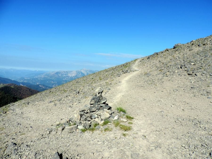 The signage on the limestone crest on the Le Mont Mounier Hike in Mercantour National Park, France