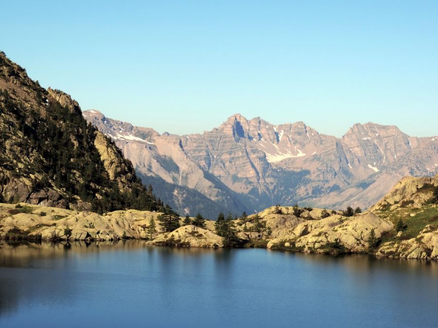 Lacs de Vence trail in Mercantour National Park, France has a beautiful view of the Mont Mounier