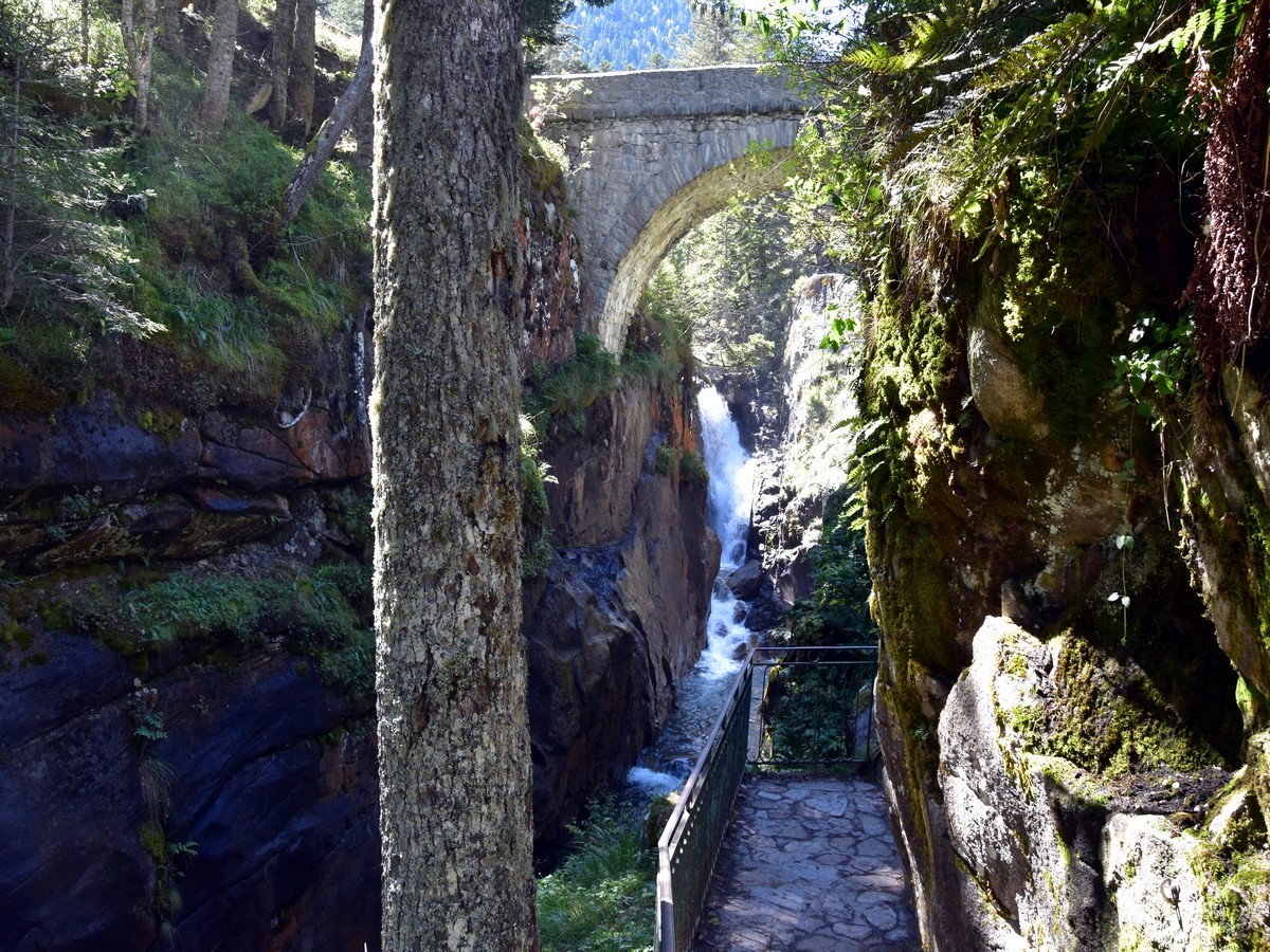 Pont d'Espagne from the small pedestrian bridge on the Lac de Gaube Hike in French Pyrenees