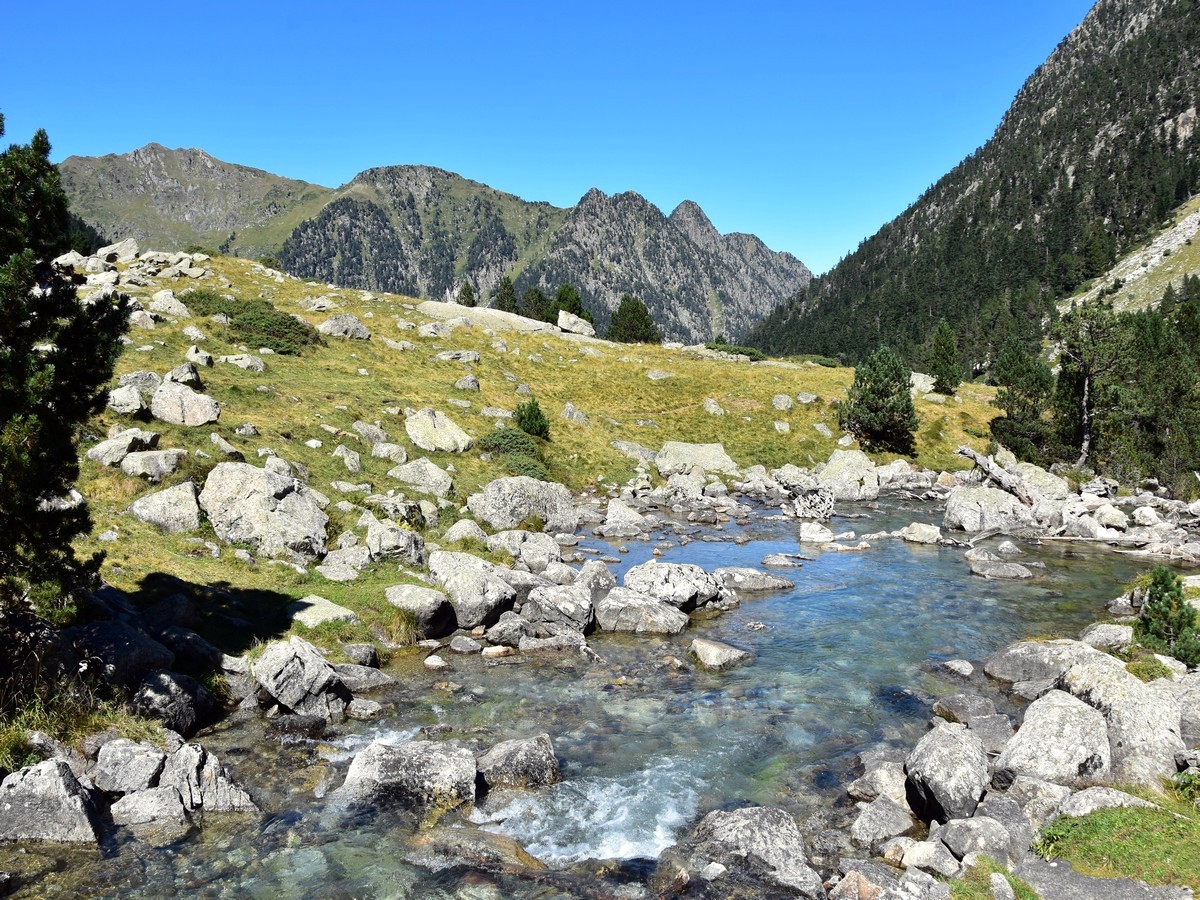 Looking north from the small bridge at the northwest end of the lake on the Lac de Gaube Hike in French Pyrenees