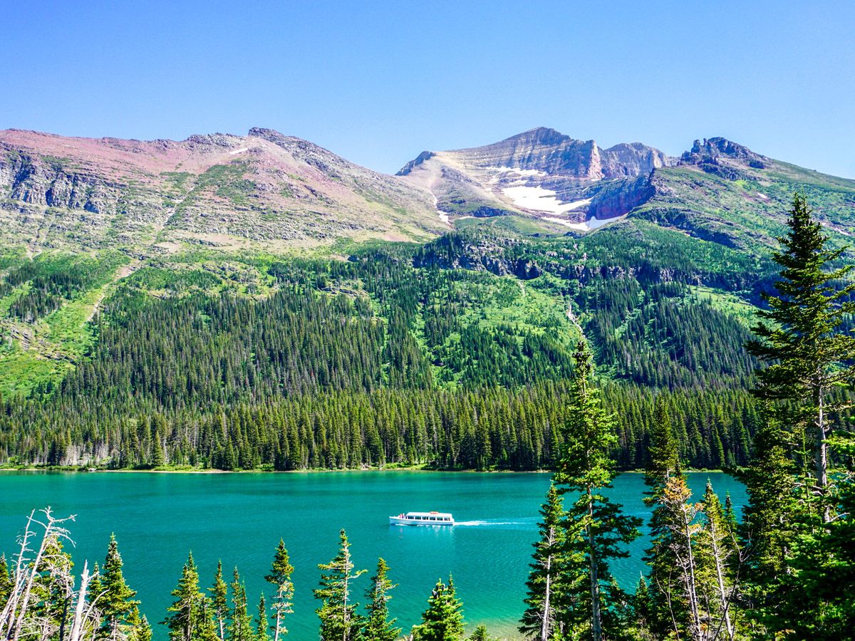 Lake and forest at Grinnell Glacier Hike in Glacier National Park