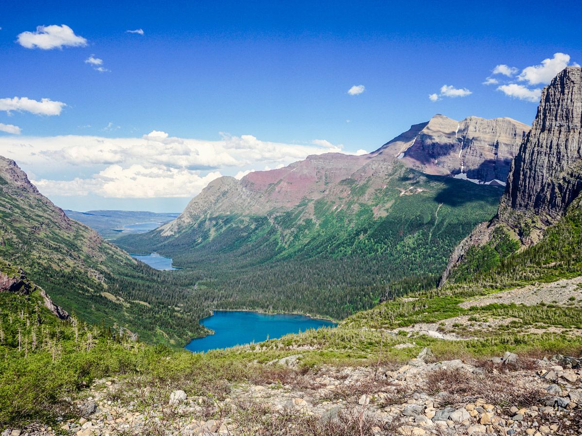 Beautiful blue lake at Grinnell Glacier Hike in Glacier National Park