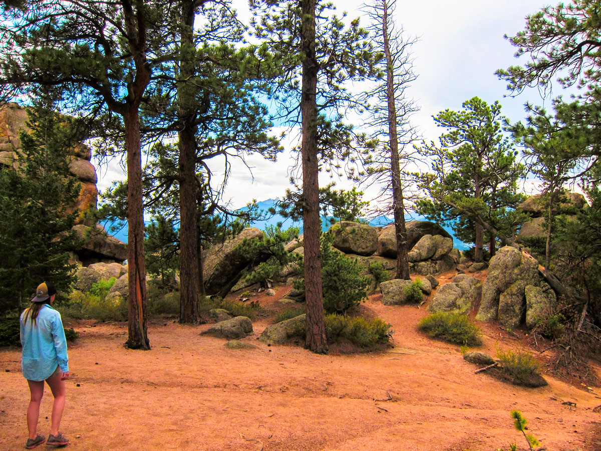 Hiker on Gem Lake and Balanced Rock hike in Rocky Mountain National Park, Colorado