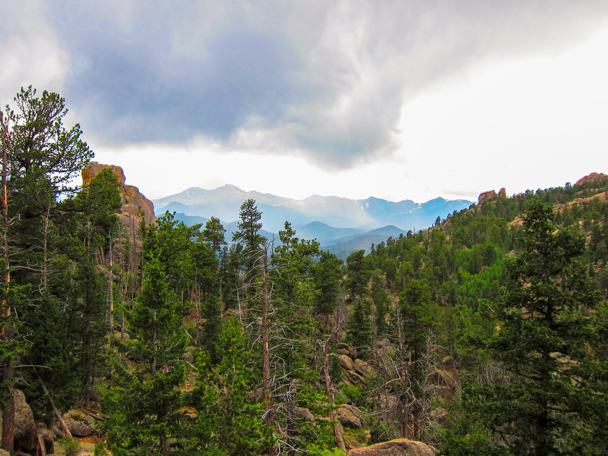 Beautiful scenery from the top of Gem Lake and Balanced Rock hike in Rocky Mountain National Park, Colorado