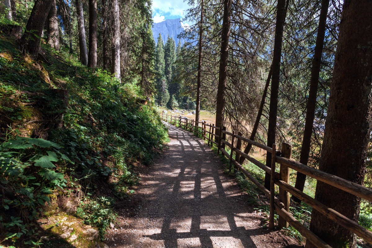 The path around the lake on the Lago di Carezza Hike in Dolomites, Italy