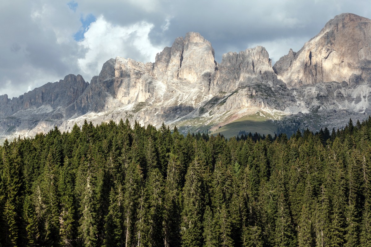 Catinaccio mountains view from the Lago di Carezza Hike in Dolomites, Italy