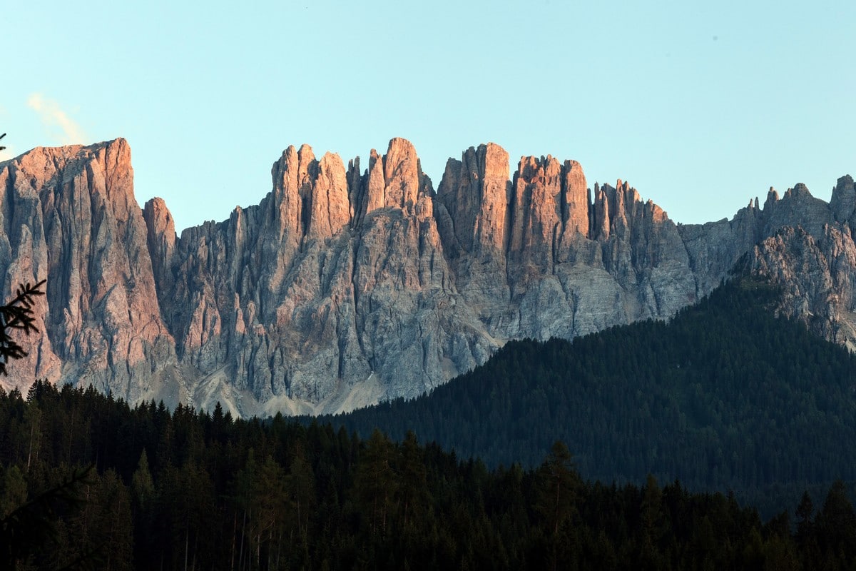 Last sunset light on Latemar on the Lago di Carezza Hike in Dolomites, Italy