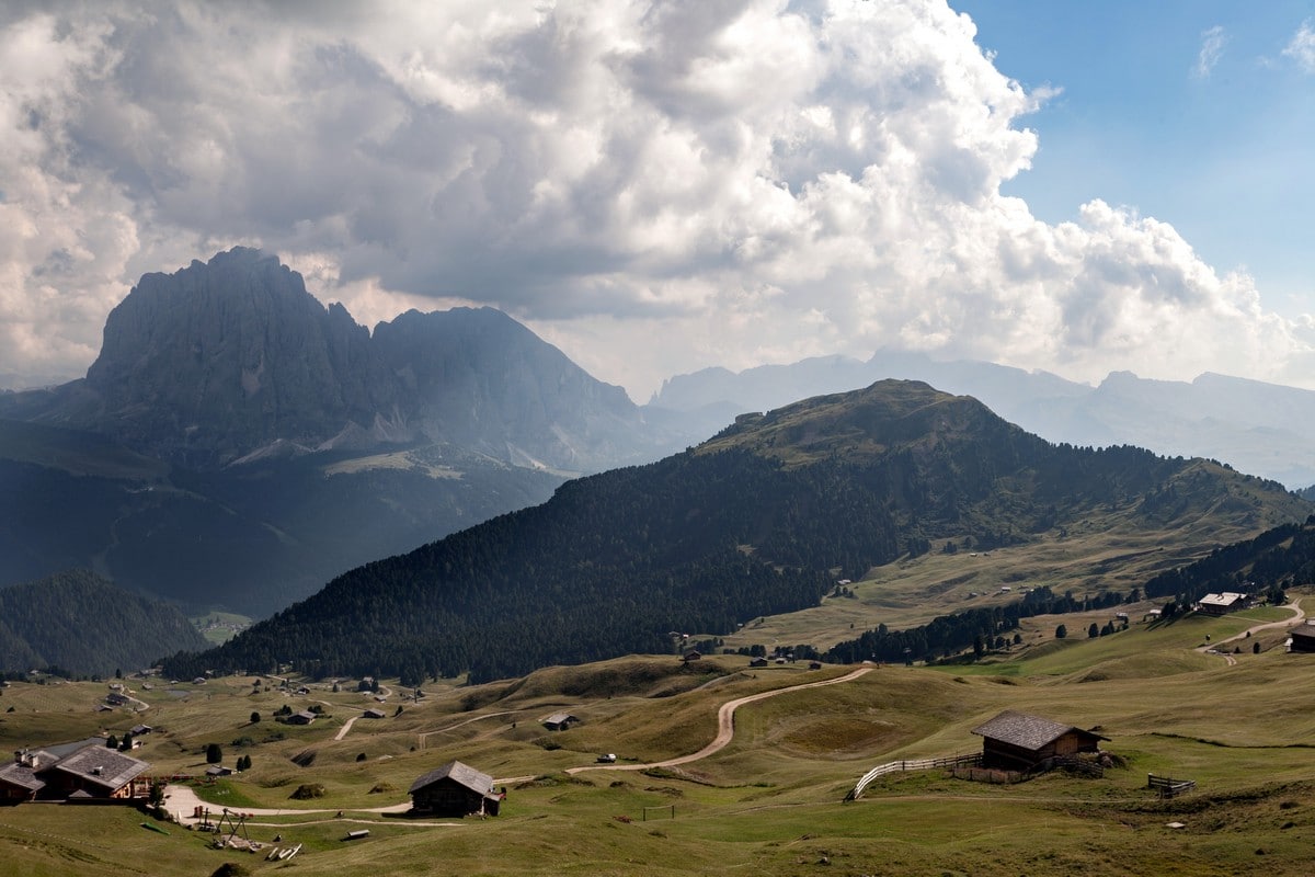 Sassolungo and Sassopiatto as seen from the Seceda / Puez Odle Hike in Dolomites, Italy
