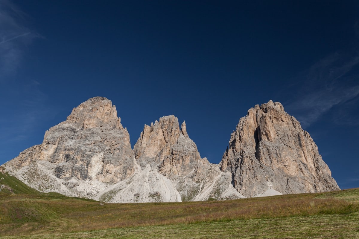 Sassolungo massif from the Sassopiatto and Sassolungo Hike in Dolomites, Italy