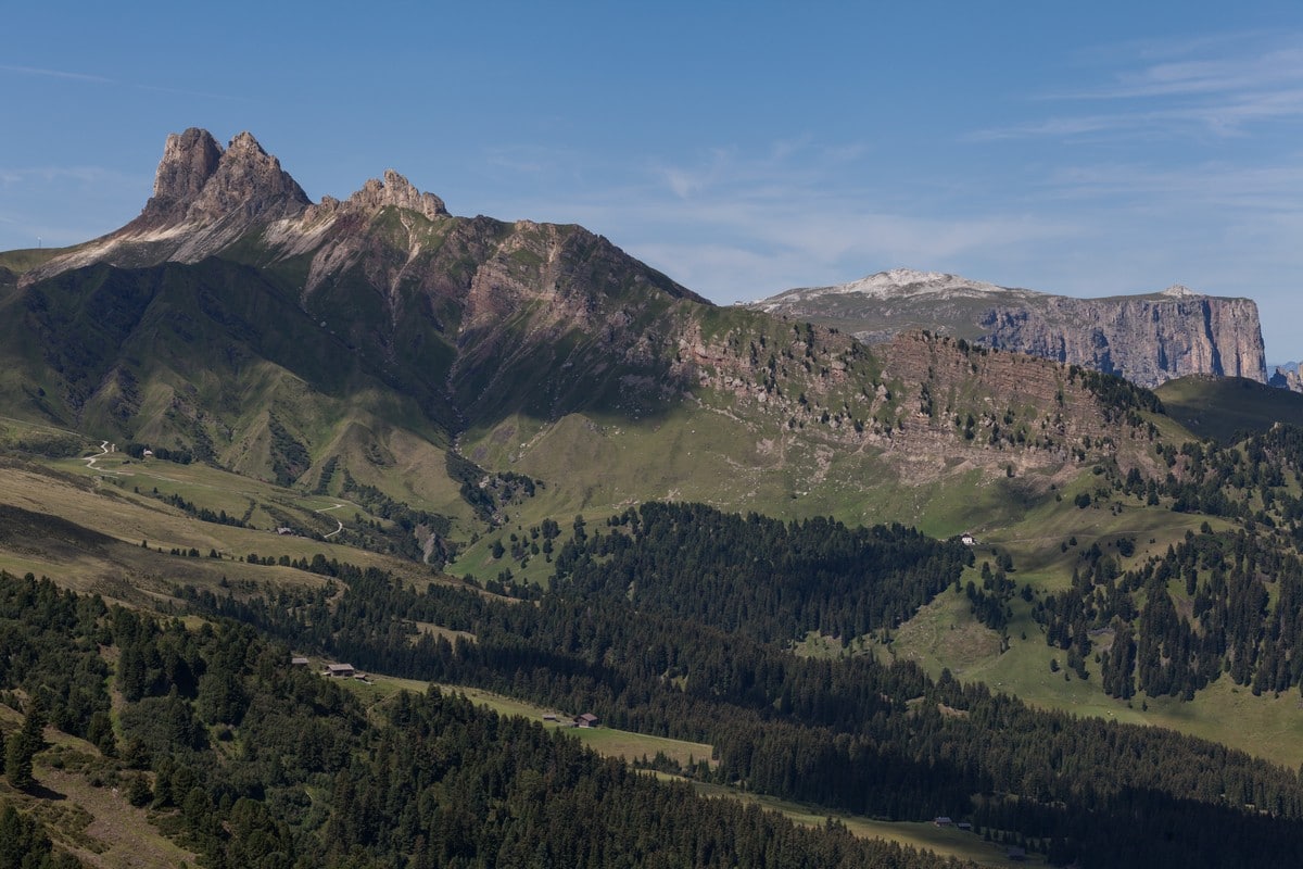 Denti di Terrarossa and the Sciliar Massif view from the Sassopiatto and Sassolungo Hike in Dolomites, Italy