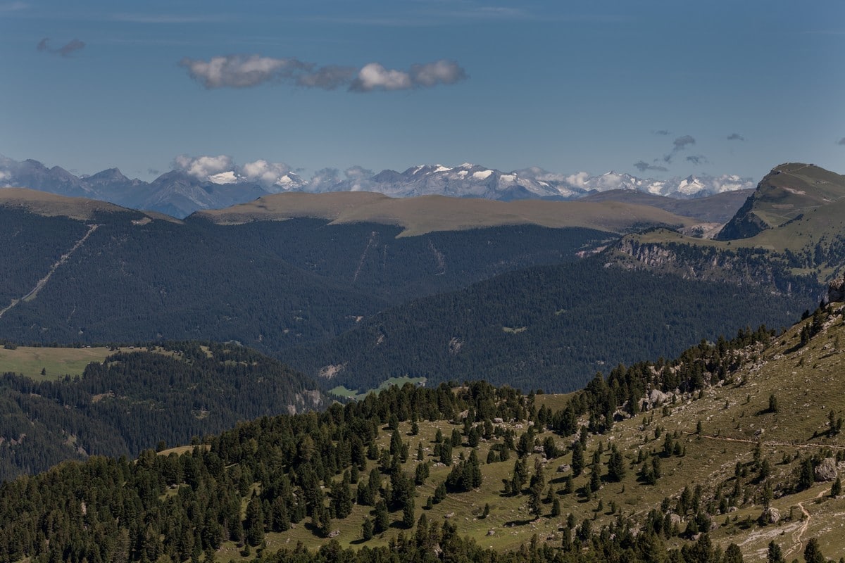 View on the Austrian mountains the Sassopiatto and Sassolungo Hike in Dolomites, Italy