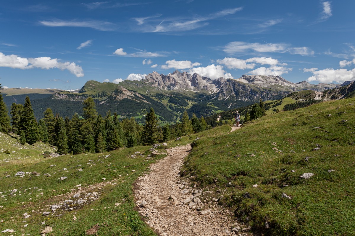 Puez Odle massif seen from the path of the Sassopiatto and Sassolungo Hike in Dolomites, Italy