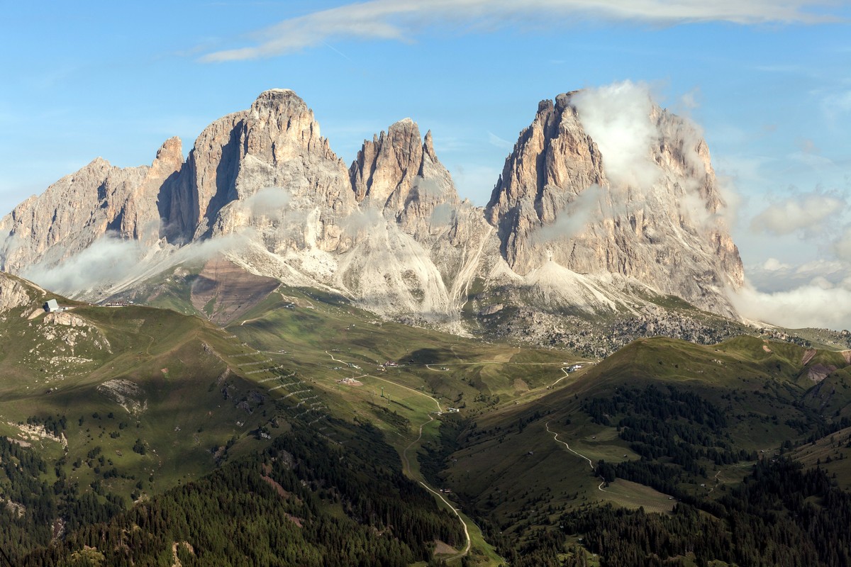 Sassolungo massif on the Viel del Pan Marmolada Hike in Dolomites, Italy