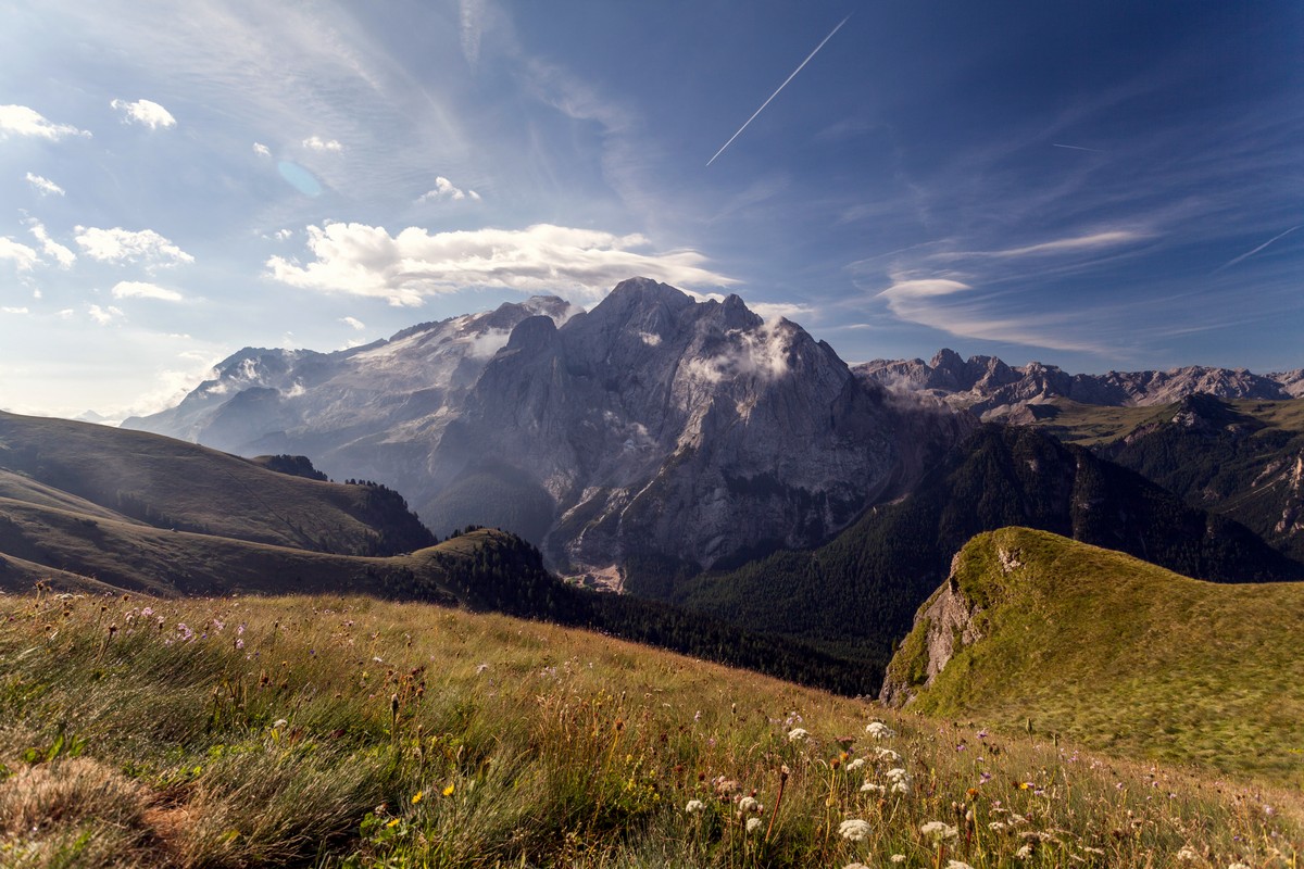 Viel del Pan trail in Italian Dolomites has a beautiful view of Marmolada Massif