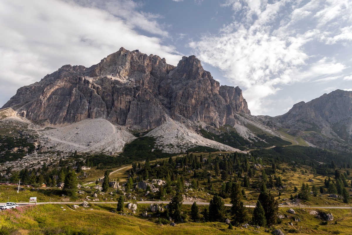 Le Tofane Mountains from the beginning of the Nuvolau Hike in Dolomites, Italy