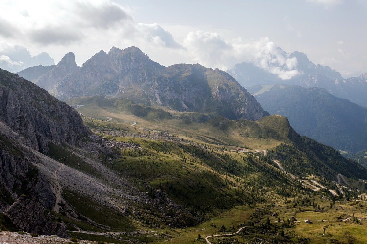 View of Passo Giau from the Averau on the Nuvolau Hike in Dolomites, Italy