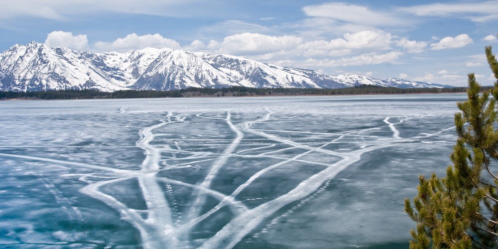 Ice on Jackson Lake on a winter weekend in Grand Teton National Park