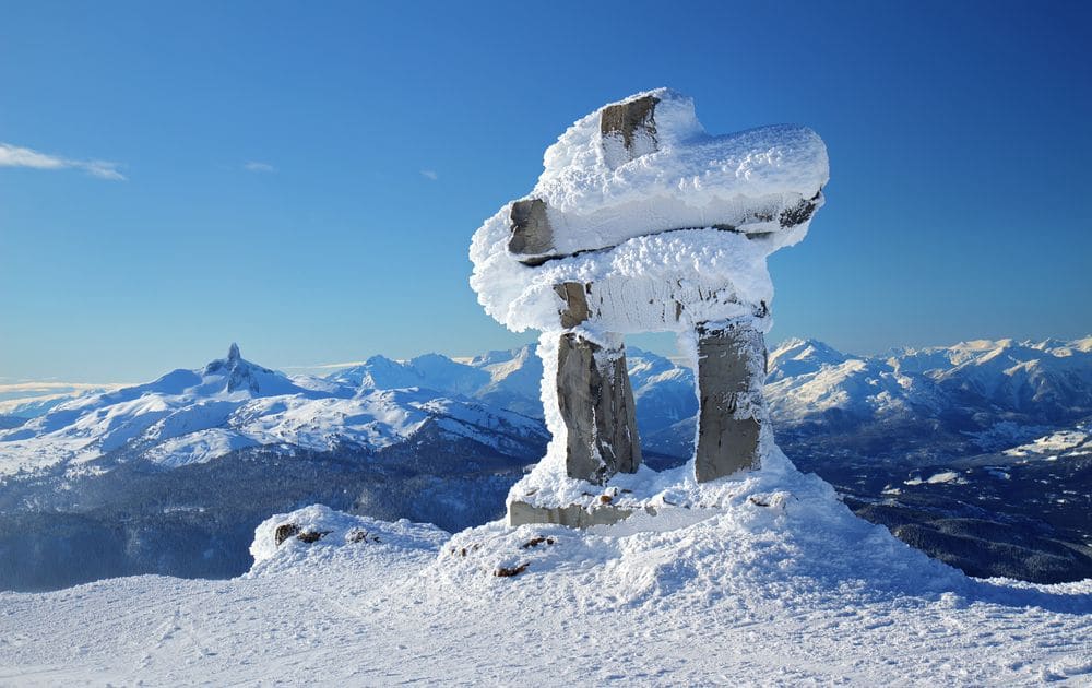 Inukshuk at the summit of Whistler Mountain in winter