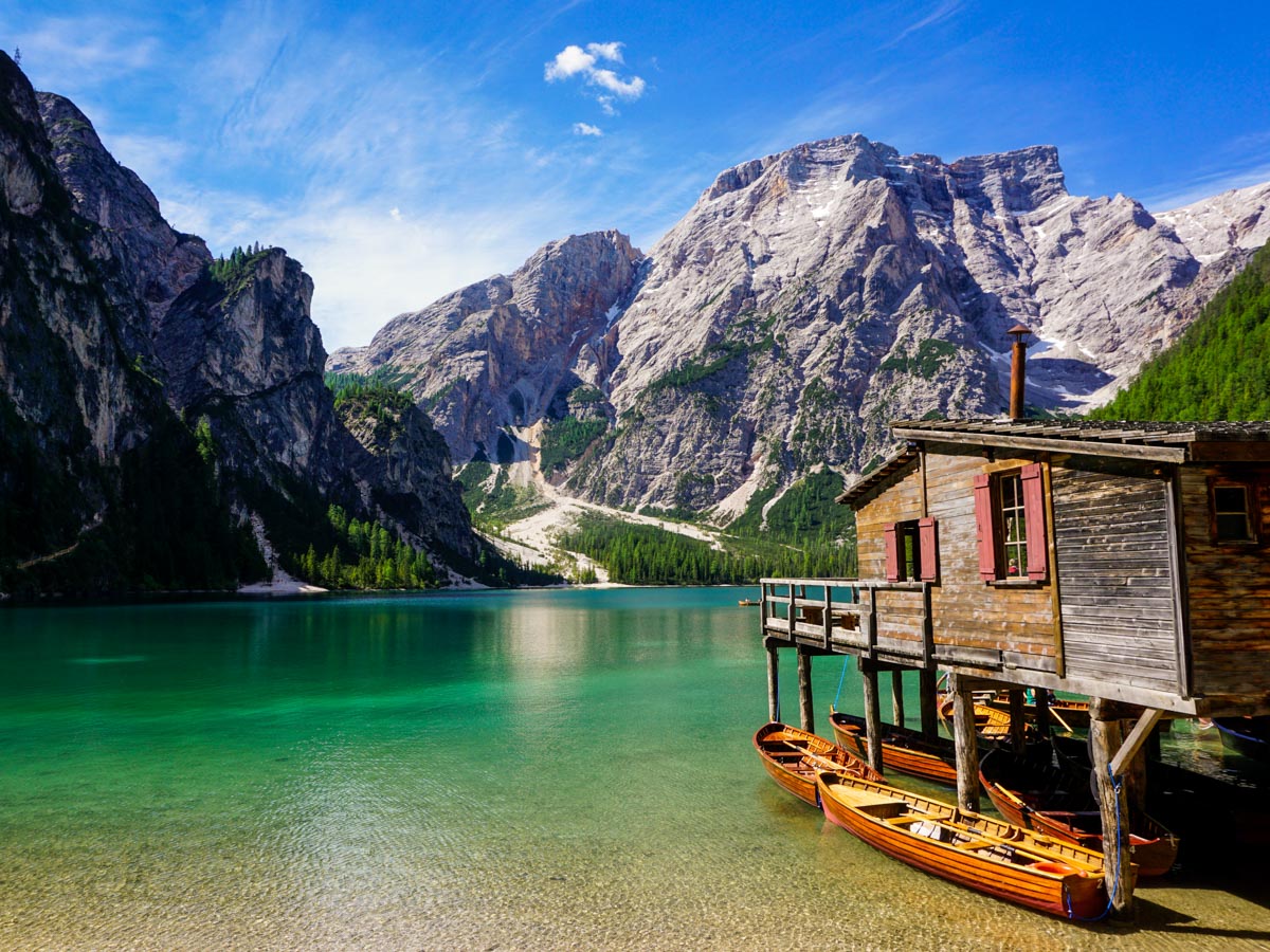 Boathouse on the Lago di Braies Hike in Dolomites, Italy