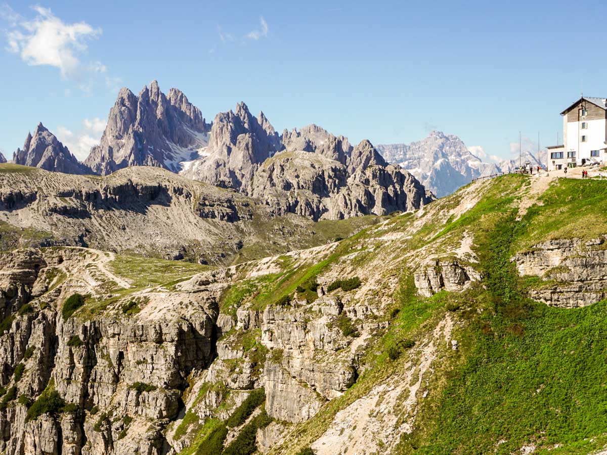 Looking back on Rifugio Auronzo on the Tre Cime di Lavaredo Hike in Dolomites, Italy