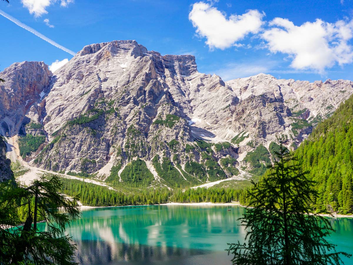 View of Lake Prags from the Lago di Braies Hike in Dolomites, Italy