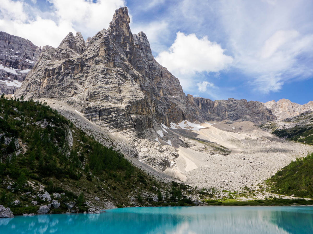 Stunning Lago di Sorapiss with Punta Sorapiss on the Lago di Sorapiss Hike in Dolomites, Italy