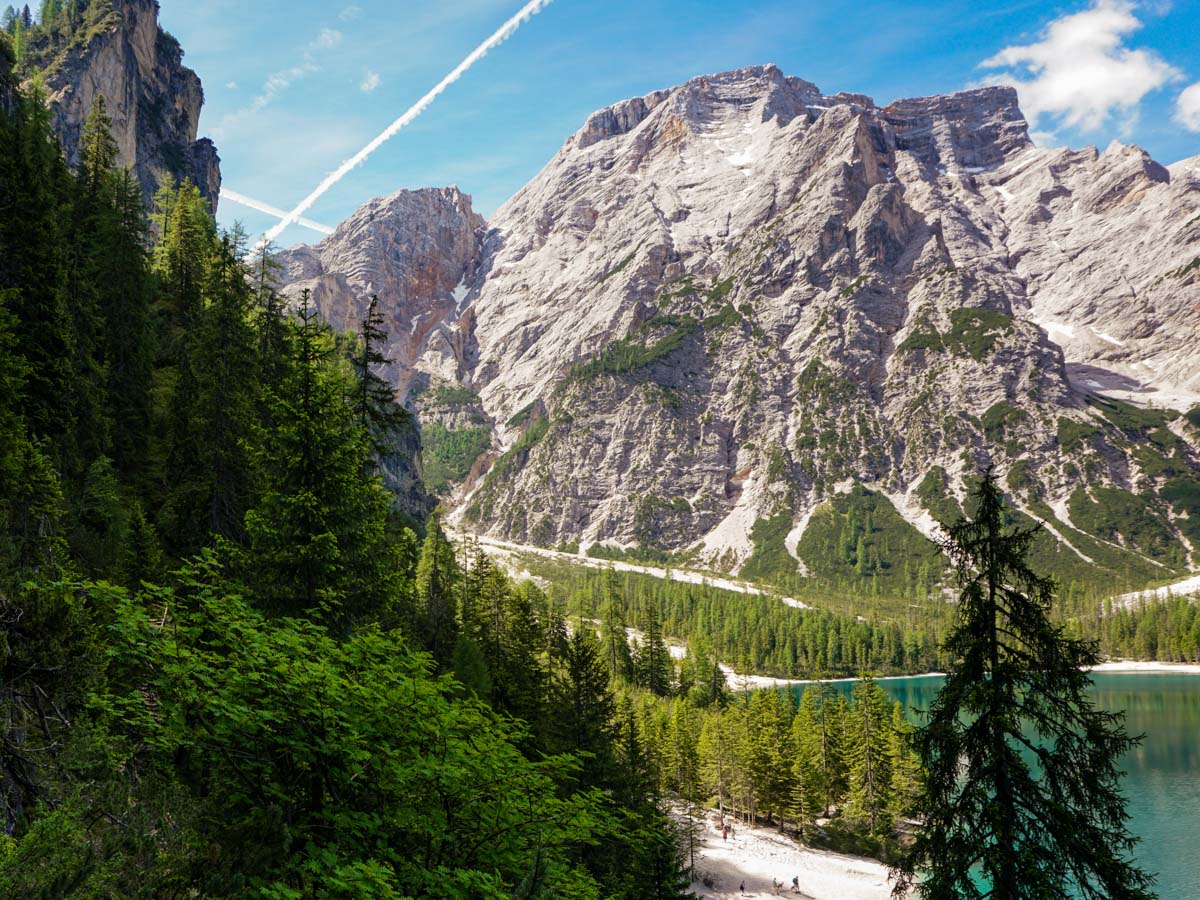 The path beside Pragser Wildsee on the Lago di Braies Hike in Dolomites, Italy