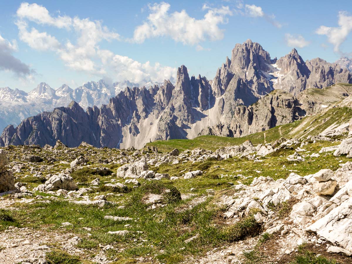 Jagged peaks dominate the views on the Tre Cime di Lavaredo Hike in Dolomites, Italy