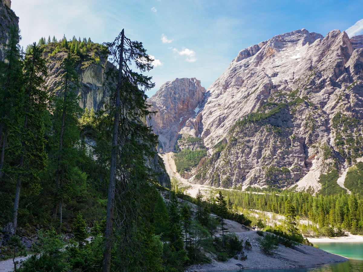 Near the end of the lake on the Lago di Braies Hike in Dolomites, Italy