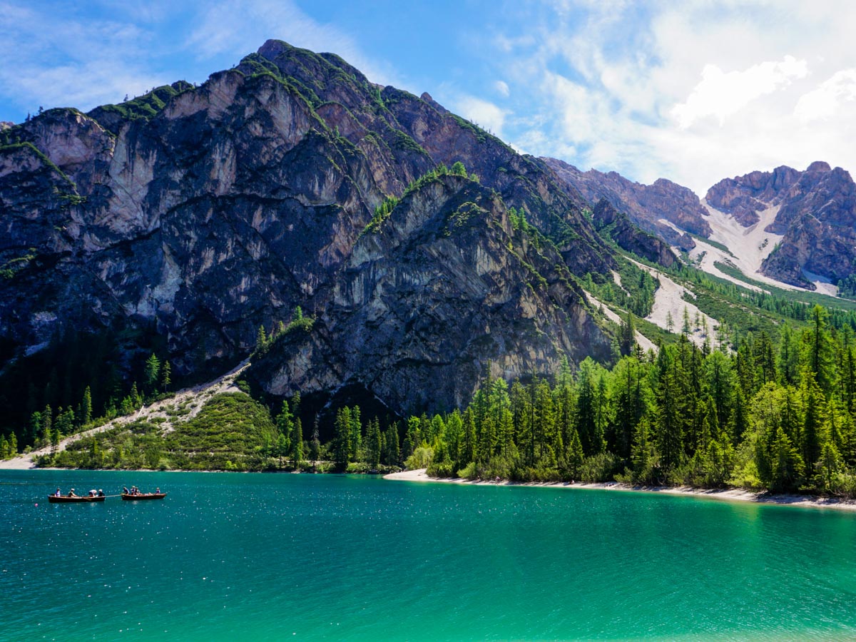 Boats at the Lago di Braies Hike in Dolomites, Italy